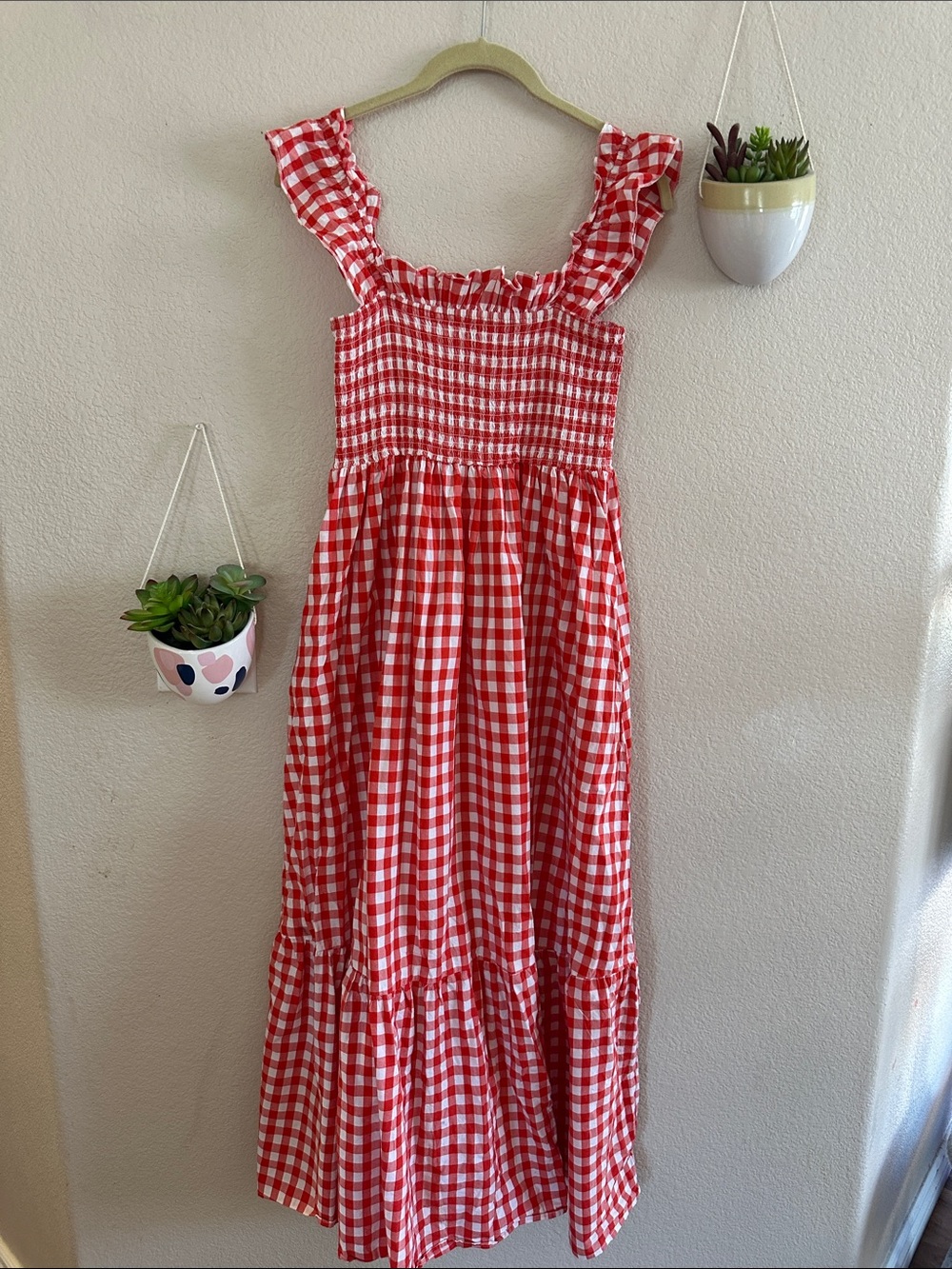 Red Gingham Ruffle Smocked Tier Maxi Dress Large